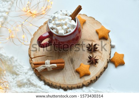 Christmas homemade gingerbread, milk, cocoa, marshmallows, candies on a wooden plate by the window.copy space, soft focus