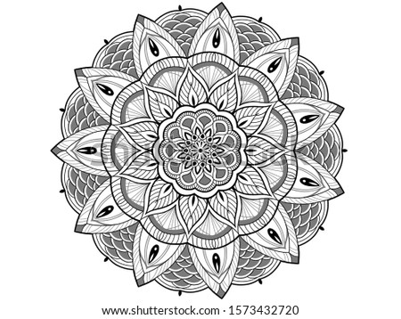 Mandala, tracery wheel mehndi design. Ethnic ornament, doodle symmetry texture. Folk traditional spiritual tribal design. Curved shape, isolated on white
