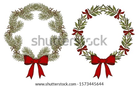 Vector illustration of sketch hand drawn set of Christmas wreath isolated on white background. New Year circle frame, green Christmas tree, fir, red bow, ribbon, pine in vintage line art style.  Royalty-Free Stock Photo #1573445644