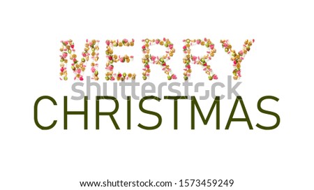 word merry Christmas. holiday concept. symbol letters collected from the decor - acorns, cones, berries and mushrooms. horizontal banner, card, creative layout.