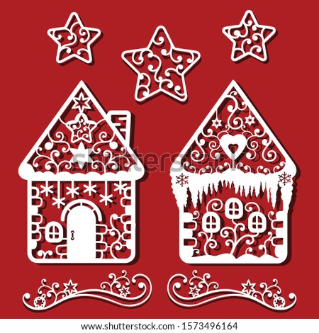 Christmas Ginger bead houses and stars for laser cutting Monochrime ornamental simple drawing