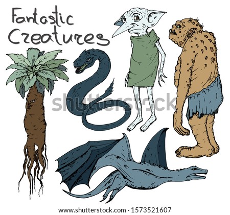 Hand drawn illustration of fantastic creatures: basilisk,  dragon, mandragora,  house-elf  on white background.