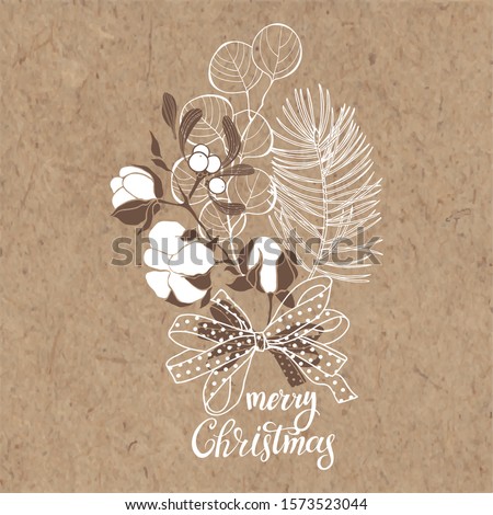 Merry Christmas. Festive floral arrangement with cotton branch, Christmas tree branch, mistletoe, eucalyptus. Christmas bouquet on kraft paper. Can be greeting card, invitation, design element.