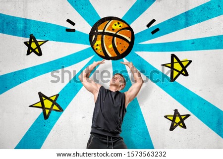 Man wearing black t-shirt throwing cartoon basketball ball on blue stripes and stars background. Workout and sports. Sporting goods. People and objects.