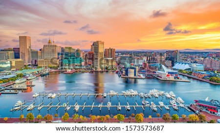Baltimore Maryland MD Inner Harbor Skyline Aerial. Royalty-Free Stock Photo #1573573687