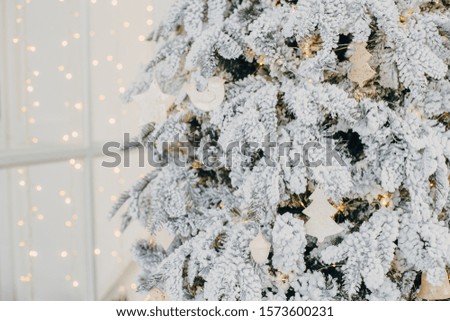 Christmas decorations on Christmas tree with lights