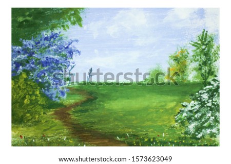 painting with gouache. summer sketch, bushes of blooming lilacs and the path through the meadow with flowers
