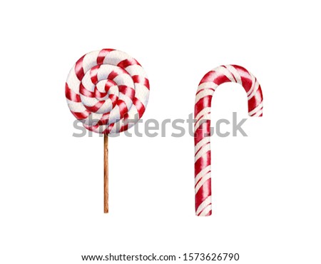 Watercolor candies set. Hand painted illustration with red candy cane and round lollypop. Food art isolated on white background for holidays, greeting cards, banners, calendars