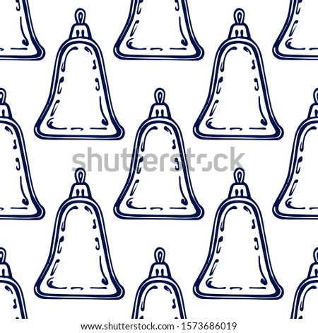 Christmas hand drawn seamless pattern with baubles on white background. Dark blue bell shaped decorations. Suitable for packaging, wrappers, fabric design