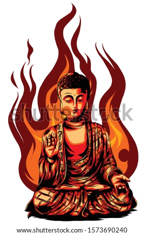 Vector religious icon of buddha statue. Golden Buddha sits and prays in the lotus position.