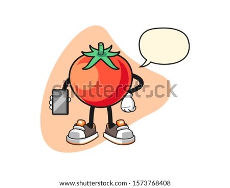 Tomato holds smartphone with speech bubble cartoon. Mascot Character vector.