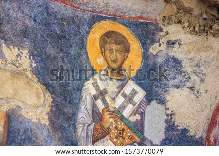 Mediterranean cityscape - view of the frescoes inside the Saint Nicholas Church in the town of Demre, Antalya Province in Turkey