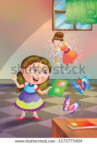 Illustration of a girl playing with fairy and butterflys