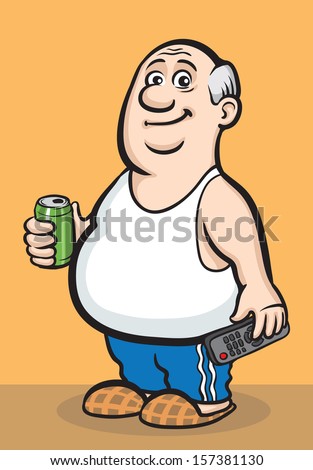 Vector illustration of Cartoon fat retired man with beer can and tv remote. Easy-edit layered vector EPS10 file scalable to any size without quality loss. High resolution raster JPG file is included.