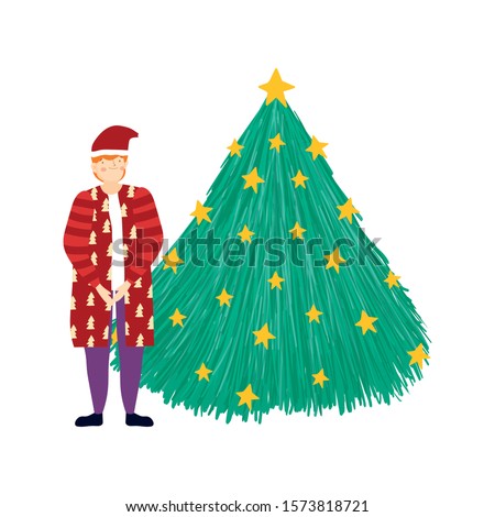 merry christmas man with coat and hat tree decoration celebration vector illustration