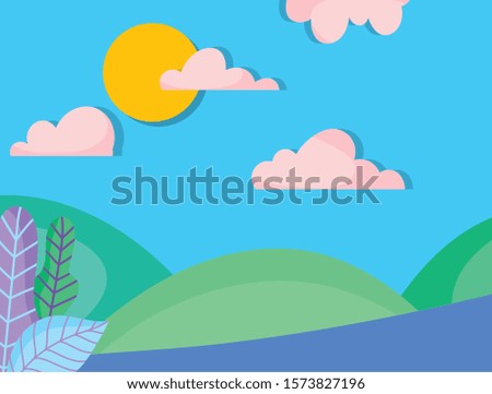 landscape hills leaves branch sun clouds nature sky vector illustration