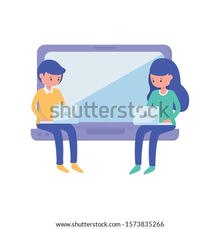 young woman and boy student with laptop learning online vector illustration
