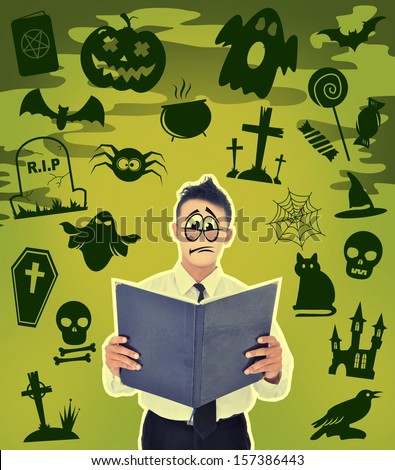 man with fear in the face of halloween background