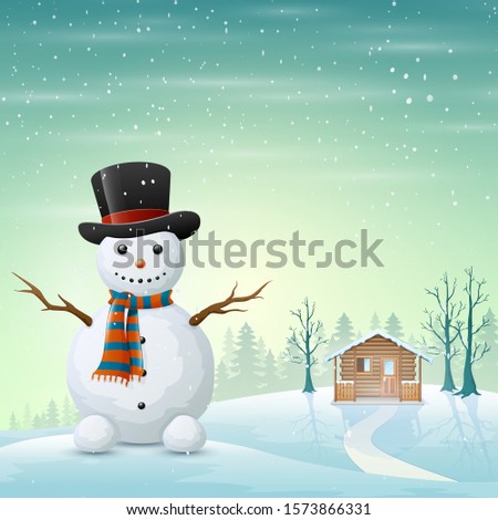 Cartoon of a greeting snowman and a snowy Christmas village