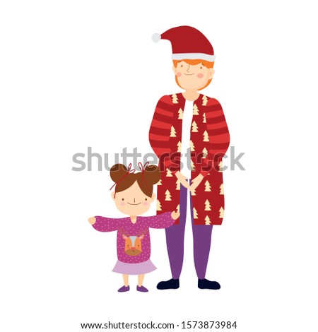 merry christmas father and daughter warm clothes vector illustration