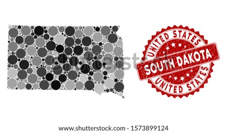 Mosaic South Dakota State map and round rubber print. Flat vector South Dakota State map mosaic of random spheric items. Red rubber seal with rubber style.