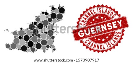 Mosaic Guernsey Island map and circle seal stamp. Flat vector Guernsey Island map mosaic of random circle elements. Red stamp imprint with grunged design. Designed for political and patriotic posters.