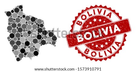 Mosaic Bolivia map and round seal stamp. Flat vector Bolivia map mosaic of randomized circle items. Red seal stamp with grunged surface. Designed for political and patriotic doctrines.