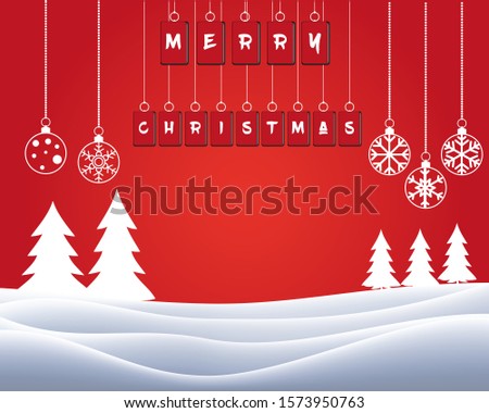 New year and Christmas winter forest cartoon landscape vector illustration. Christmas woods with white snow pines and balls. New Year forest greeting red snowy card.