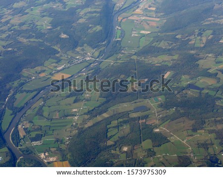 Wide scenic aerial view of Maryland State, US, seen from an airplane window.