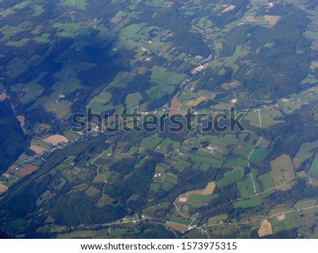 Wide aerial view of Maryland State, US, seen from an airplane window.