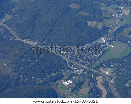 Scenic erial shot  over Maryland, seen from an airplane window.