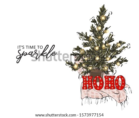Christmas hand-drawn winter trees and red HOHOHO letters with garland lights Xmas design. Modern trendy holidays decoration, december illustration. Lettering typography decorations.
