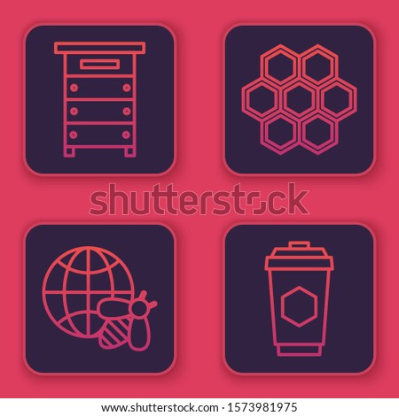 Set line Hive for bees, Honeycomb map of the world and bee, Honeycomb and Cup of tea with honey. Blue square button. Vector