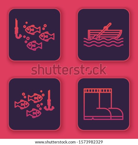 Set line Fishing hook under water with fish, Fishing hook under water with fish, Fishing boat with oars on water and Fishing boots. Blue square button. Vector