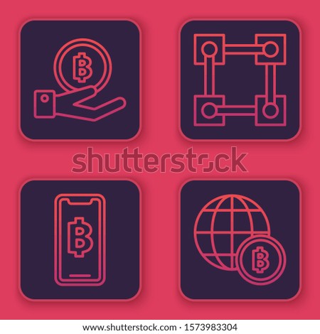 Set line Hand holding Bitcoin, Phone mobile and cryptocurrency coin Bitcoin, Blockchain technology and Globe and cryptocurrency coin Bitcoin. Blue square button. Vector