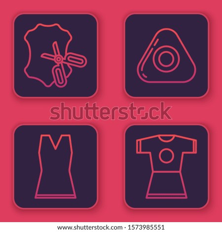 Set line Scissors and leather, Woman dress, Sewing chalk and Woman dress. Blue square button. Vector