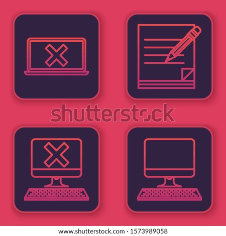 Set line Laptop and cross mark on screen, Computer with keyboard and x mark, Blank notebook and pencil with eraser and Computer monitor with keyboard. Blue square button. Vector