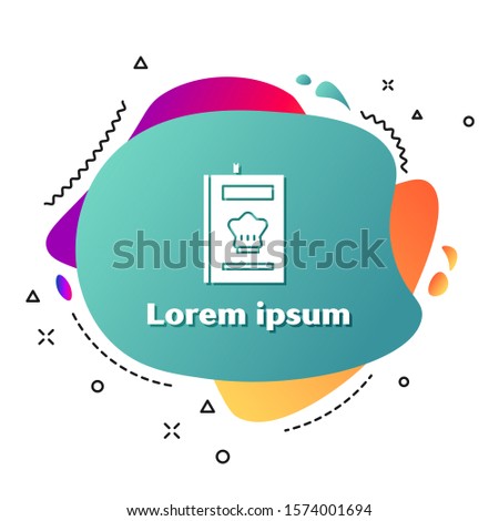 White Cookbook icon isolated on white background. Cooking book icon. Recipe book. Fork and knife icons. Cutlery symbol. Abstract banner with liquid shapes. Vector Illustration