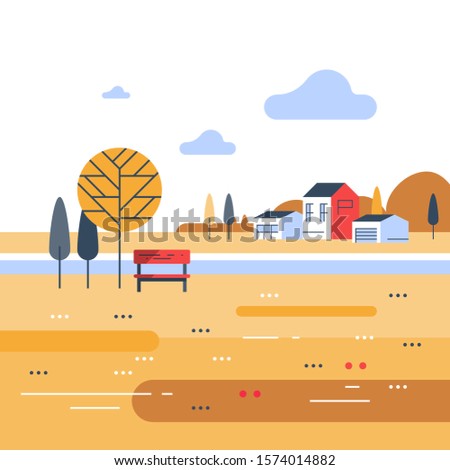 Autumn park scene, small bench at river bank, sunny day, beautiful view, group of residential houses in background, nice neighborhood, vector flat design illustration