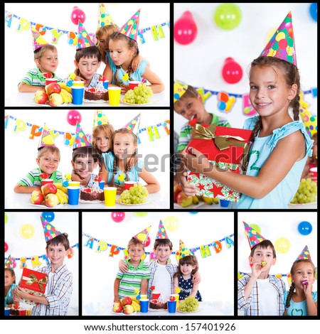 Collage of images group of adorable kids having fun at birthday party with birthday cake