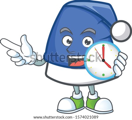 With clock smiling blue christmas hat cartoon mascot style
