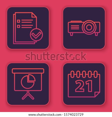 Set line Document and check mark, Presentation financial board with graph, chart, diagram, infographic, pie graph, Presentation, movie, film, media projector and Calendar. Blue square button. Vector