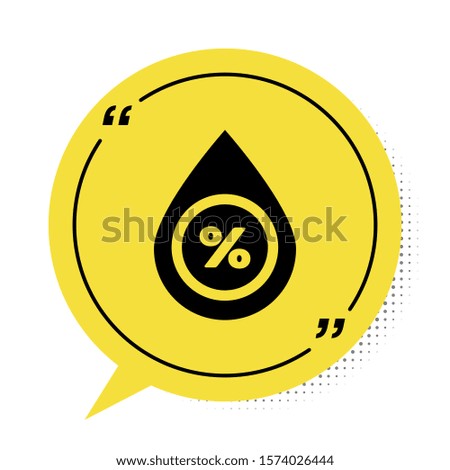Black Water drop percentage icon isolated on white background. Humidity analysis. Yellow speech bubble symbol. Vector Illustration