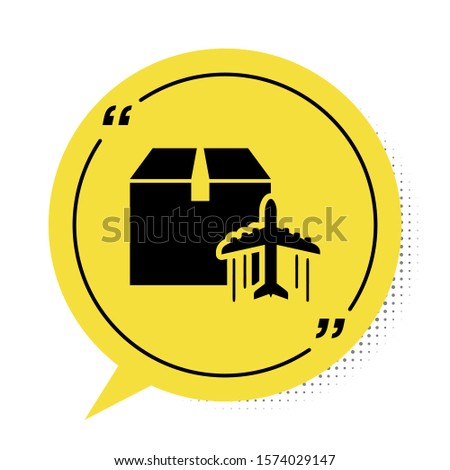 Black Plane and cardboard box icon isolated on white background. Delivery, transportation. Cargo delivery by air. Airplane with parcels, boxes. Yellow speech bubble symbol. Vector Illustration