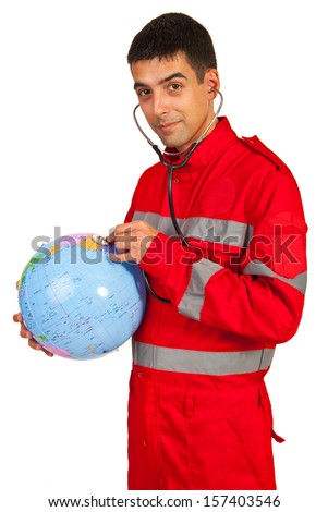 Paramedic examine world globe isolated on white background