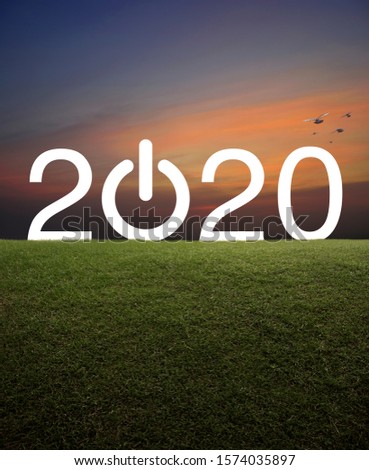 2020 start up business flat icon with green grass field over over sunset sky with birds, Happy new year 2020 concept