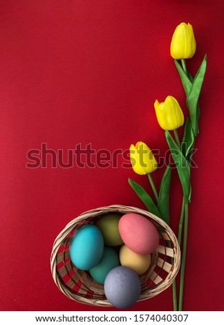 Easter card template on red background Royalty-Free Stock Photo #1574040307