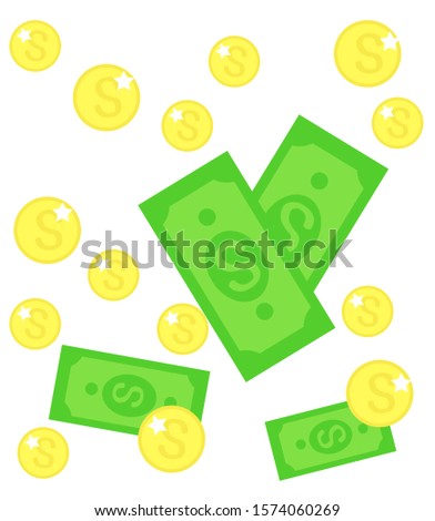 Wallet with money and coins on a white background. Vector illustration.