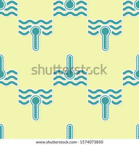 Green Water thermometer measuring heat and cold icon isolated seamless pattern on yellow background. Thermometer equipment showing hot or cold weather.  Vector Illustration