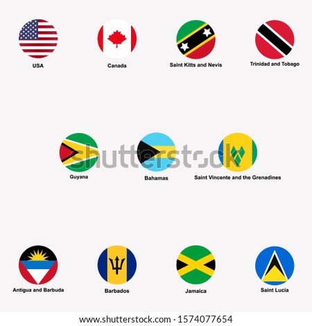 most populous american countries flags icon set. USA, Canada, Guyana, Barbados, Jamaica isolated vector illustration